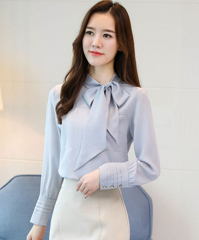 Elegant Office lady shirt 2022 New Bow tie Tops Solid color Chiffon blouse Fashion Women clothing Chiffon shirt Blusa