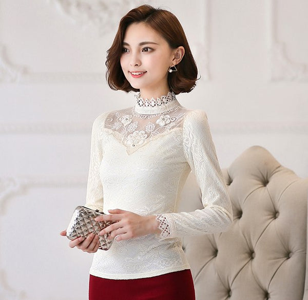 Elegant blusa feminina Women long sleeve Lace blouse Patchwork Crochet shirt Plus size Casual Hollow out Tops