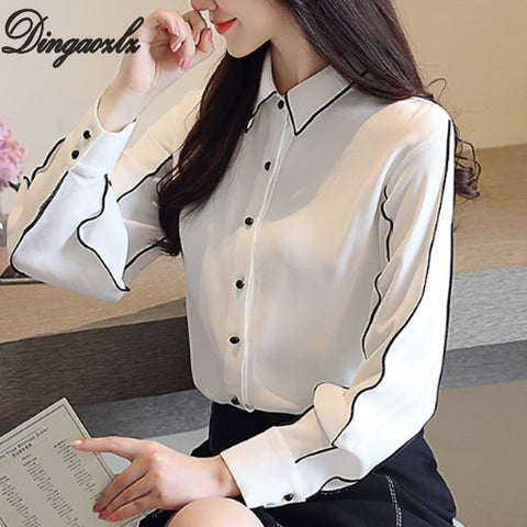 Korean fashion Chiffon shirt Autumn Female long sleeve White shirt Patchwork Women Tops Elegant Office lady Blouse