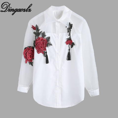 Plus size clothing Fashion long sleeved Lapel Embroidered shirt Patchwork Organza Chiffon blouse Casual Women Tops