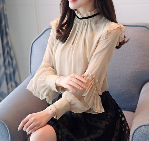 blusa feminina Autumn Office lady blouse Long sleeved Chiffon shirt Ruffles Women Tops Profession Chiffon blouse