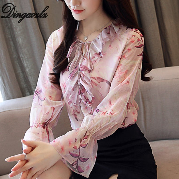 blusas femininas elegante Women Chiffon shirt Casual Flare sleeve Printed Tops Ruffles collar Chiffon blouse Clothing