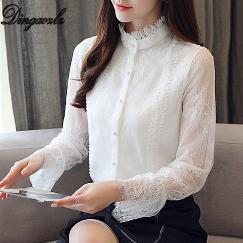casual blouse women clothing elegant female mesh stitching lace tops korean fashion long sleeve lace shirt