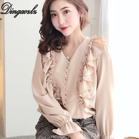 chiffon blouse korean 2022 new fashion long sleeve chiffon shirt ruffles stitching long sleeve women tops