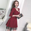 Dinner Cloth Autumn Winter 2022 Red V-Neck Occasion Dress 3/4 Sleeve High Waisted A-line Mesh Patchwork Club Dresses