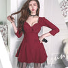 Dinner Cloth Autumn Winter 2022 Red V-Neck Occasion Dress 3/4 Sleeve High Waisted A-line Mesh Patchwork Club Dresses