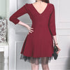 Dinner Cloth Autumn Winter 2022 Red V-Neck Occasion Dress 3/4 Sleeve High Waisted A-line Mesh Patchwork Club Dresses