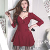 Dinner Cloth Autumn Winter 2022 Red V-Neck Occasion Dress 3/4 Sleeve High Waisted A-line Mesh Patchwork Club Dresses