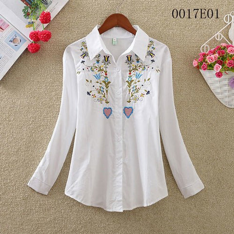 2022 Autumn Women Tops Casual White Blouse Flower Embroidery Female Turn Down Collar Long Sleeve Fashion Shirt Women