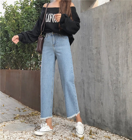 C Loose wide leg pants nine points jeans Womens High Waist Washed Light Blue True Denim Pants Femme For Women Jeans