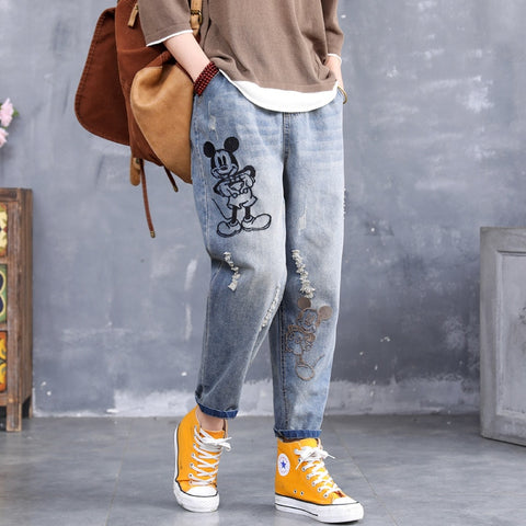 Disney 2022 Spring Cartoon Mickey Embroidered Ripped Jeans Women's Loose Large Size Elastic Waist Harem Pants Nine Points