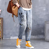 Disney 2022 Spring Cartoon Mickey Embroidered Ripped Jeans Women's Loose Large Size Elastic Waist Harem Pants Nine Points