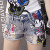 Disney Mickey Mouse diamond beaded sequined jeans shorts  summer women pants  embroidery cartoon ripped pants 2022