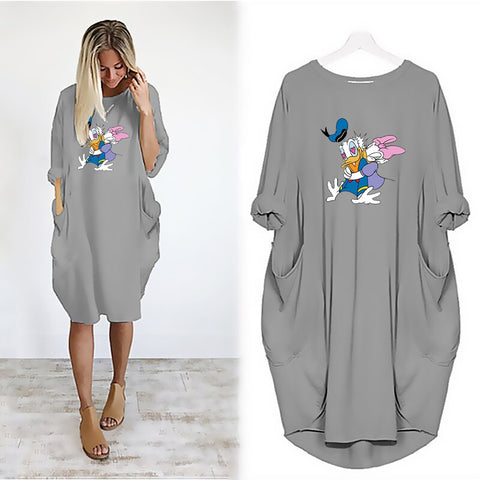 Disney  Midi Dresses Women Loose Dress Cartoon Print Donald Duck Daisy Autumn Harajuku Pocket Vintage Casual Robe Femme