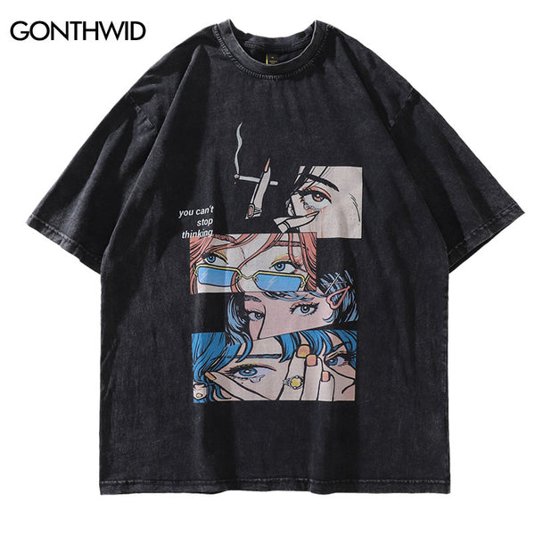 Distressed Oversize grunge T Shirt Streetwear Japanese Anime Eyes Print Retro Tshirt 2023 Hip Hop Casual Cotton Loose T-Shirt