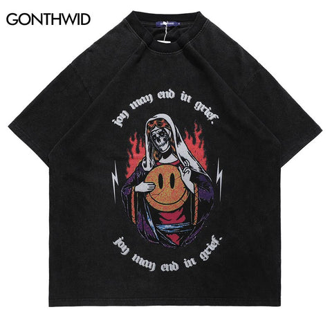 Distressed Oversized T-Shirts Hip Hop Funny Skull Skeleton Print Punk Rock Gothic Tshirt Men Vintage Cotton Short Sleeve Tee Top