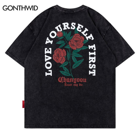 Distressed Punk Tshirt Hip Hop Letter Floral Print Gothic Rock Streetwear Tee Shirts Men Harajuku Casual Vintage Retro T-Shirt