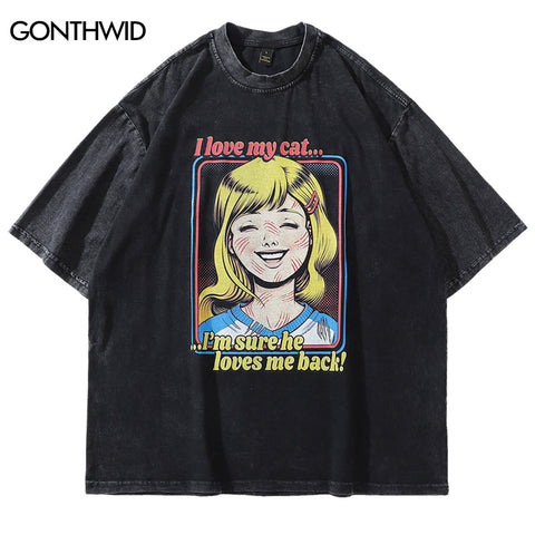 Distressed T-Shirt Funny Cat Print Oversize Tshirt Streetwear Hip Hop Casual Cotton Short Sleeve Shirts 2023 Harajuku Loose Top