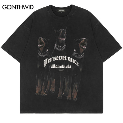 Distressed T-Shirt Men Hip Hop Doberman Dog Print Gothic Punk Tee Shirts Harajuku Vintage Casual Short Sleeve Tshirt Tops Black