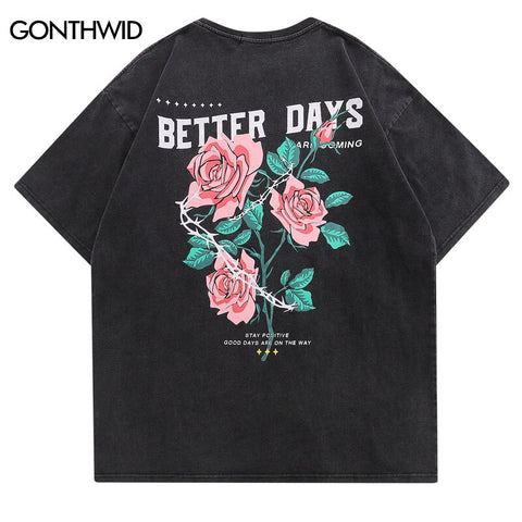 Distressed T-Shirt Streetwar Hip Hop Floral Rose Letter Print Vintage Tshirt Men Harajuku Summer Casual Cotton Loose Shirts Top
