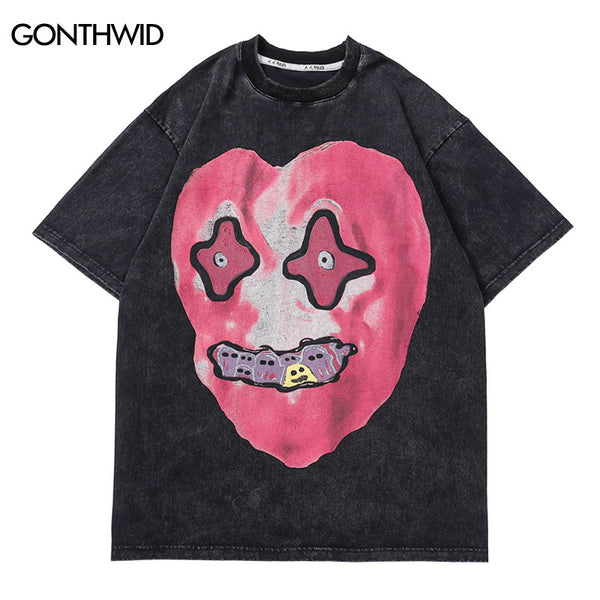 Distressed T-Shirt Streetwear Hip Hop Funny Heart Ghost Print Punk Rock Gothic Tee Shirts 2023 Men Harajuku Cotton Loose Tshirt