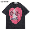 Distressed T-Shirt Streetwear Hip Hop Funny Heart Ghost Print Punk Rock Gothic Tee Shirts 2023 Men Harajuku Cotton Loose Tshirt