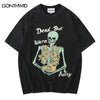 Distressed Tshirt Hip Hop Funny Skull Skeleton Cat Print Tee Shirts 2023 Summer Harajuku Vintage Casual Cotton Short Sleeve Top