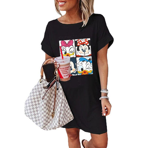 Donald Duck Mickey Mouse Minnie Mouse Kawaii Women's Clothing 2022 Casual Women's Dresses Cartoon Summer T Shirt Dress Popular