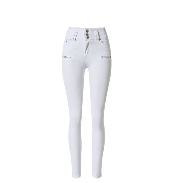 Donna Women White Jeans 3 Buttons High Waist Skinny Stretch Material Denim Jean Trousers Elegant Elastic Slim Pencil Pants K33C