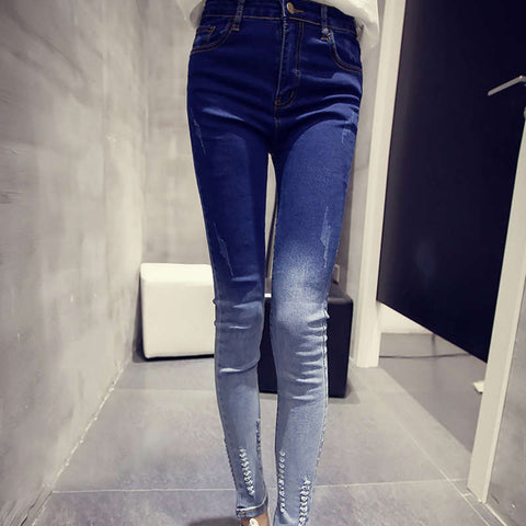 DoreenBow New Pencil Pants Scratched Fashion High Waist Jeans Women Denim Fabric Gradient Color Pockets Trousers, 1 Piece