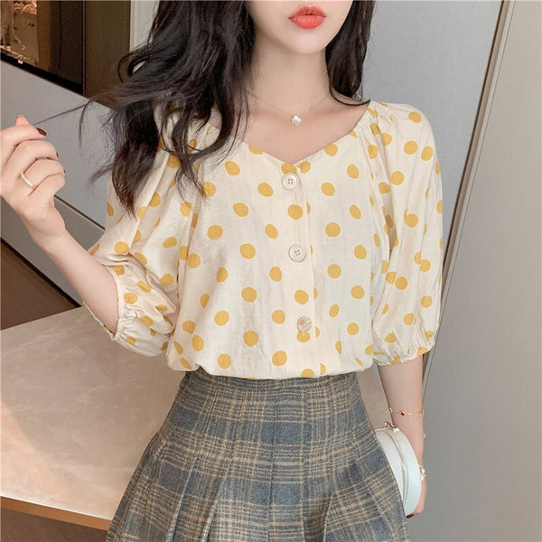 Dot Print Womens Tops And Blouses Summer Yellow Green Blusas Casual Loose Shirt Bohemia 2023 Chemisier Femme Button Blouse Mujer