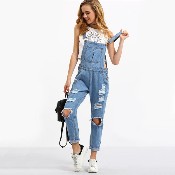 Cutout Ripped Denim Plain Dungarees Female Blue Sleeveless Cute Bottom Autumn Strap Pocket Jumpsuits