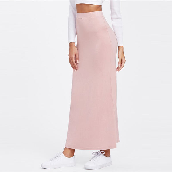 Elastic Waist Longline Jersey Skirt 2022 New Fashion Spring Pink Sheath Female Botto Ma Casual Plain Skirt