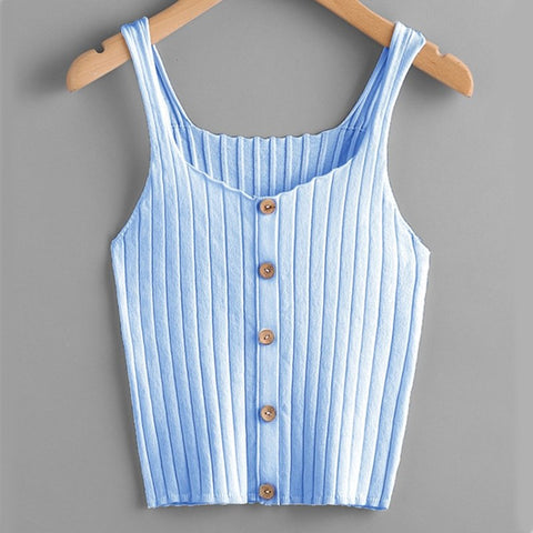 Ladies Button Up Rib Knit Plain Top 2022 New Arrival Scoop Neck Vacation Vest Women Autumn Skinny Casual Camisole