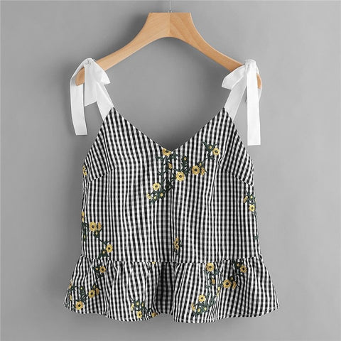 Sash Tie Shoulder Blossom Embroidered Ruffle Gingham Top 2022 Floral V Neck Peplum Women Top Ruffle Hem Knot Vest