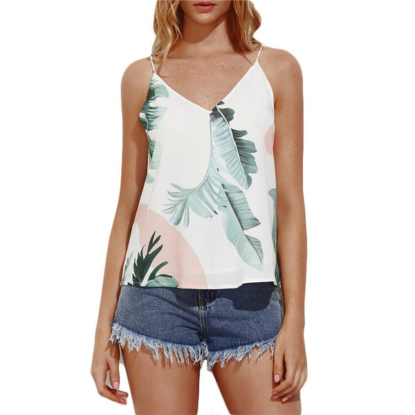V Back Palm Leaf Print Cami Top Summer V Neck Spaghetti Strap Sexy Vest Women's Casual Vest With Lining