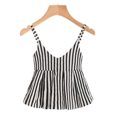 V Neckline Vertical Striped Babydoll Cami Top 2022 Ruffle Hem Striped Vest Women Casual Slim Fit Peplum Camisole