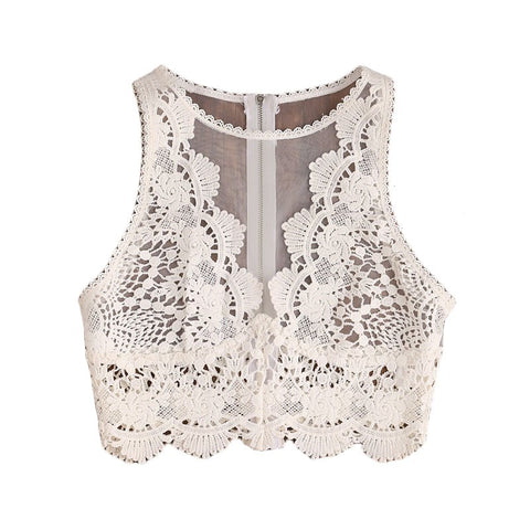 Woman Scallop Lace Applique Exposed Tank Top White Round Neck Zip Tulle Sexy Top 2022 Summer Sleeveless Woman Vest
