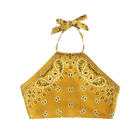 Womans Yellow Vintage Print Crop Halter Tank Tops 2022 Women Summer Beach Wear Sexy Vests Female Backless Short Vests