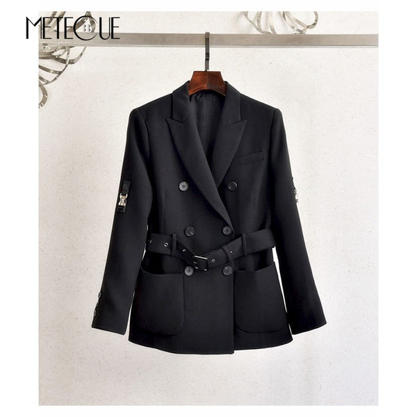 Double Breasted Buttons Blazer with Belt 2022 Autumn Winter Fashion 100% acetate Long Sleeve Women Blazers And Jackets