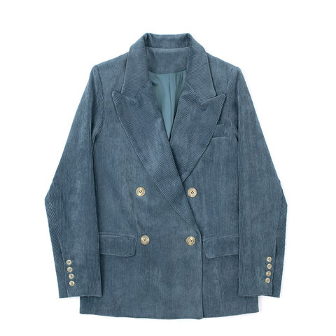 Double Breasted Corduroy Women Blazers Winter Vintage Blue Turn-Down Collar Pocket Long-Sleeved Thicken Warm Female Outwear Tops