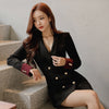 Double Breasted Deep V-neck Long Sleeve Slim Long Blazer Autumn Trench Coat Office Lady Blazer Work Dress
