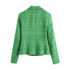 Double-Breasted Fitted Blazers Women's Green Plaid Tweed Notched Female Casual Long sleeve pockets Short Coats Mujer