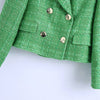 Double-Breasted Fitted Blazers Women's Green Plaid Tweed Notched Female Casual Long sleeve pockets Short Coats Mujer