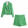 Double-Breasted Fitted Blazers Women's Green Plaid Tweed Notched Female Casual Long sleeve pockets Short Coats Mujer