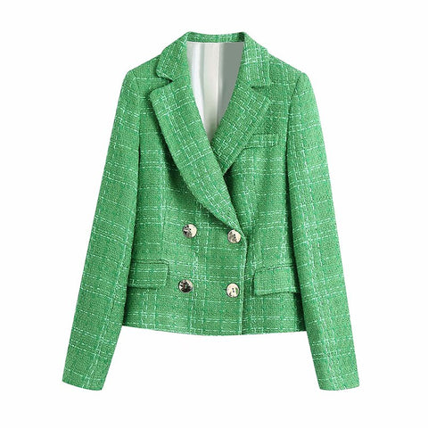 Double-Breasted Fitted Blazers Women's Green Plaid Tweed Notched Female Casual Long sleeve pockets Short Coats Mujer