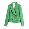 Double-Breasted Fitted Blazers Women's Green Plaid Tweed Notched Female Casual Long sleeve pockets Short Coats Mujer