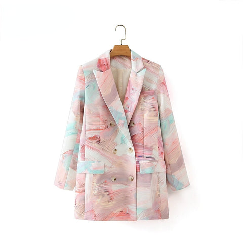 Double Breasted Printed Women Blazers Autumn Winter Long-Sleeved Pocket Office Lady Elegant Outwear Coats Tops