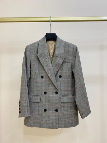 Double Breasted Women Notched Blazer Long Sleeve Plaid Casual Female Straight Suit Coat Autumn Winter 2023