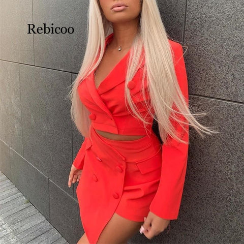 Double Buttons Women Skirt Suits Blazer Jackets And Split Mini Skirts Two Pieces Set Blazer +Skirt Set Female Outfits